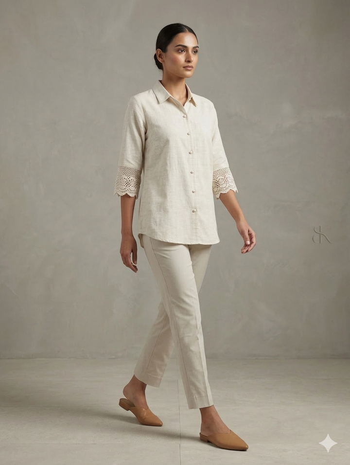 Oatmeal "Lace Cuff" Button-Down Linen-Blend Shirt