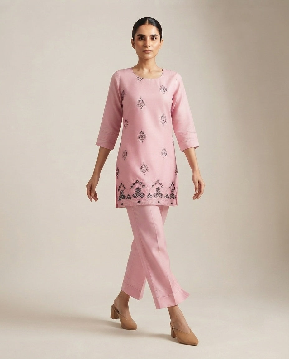Blush Pink "Rosette Motif" Embroidered Cotton Kurta Pant Set