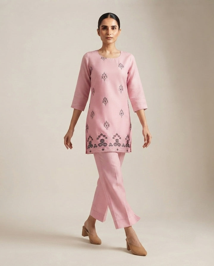 Blush Pink "Rosette Motif" Embroidered Cotton Kurta Pant Set