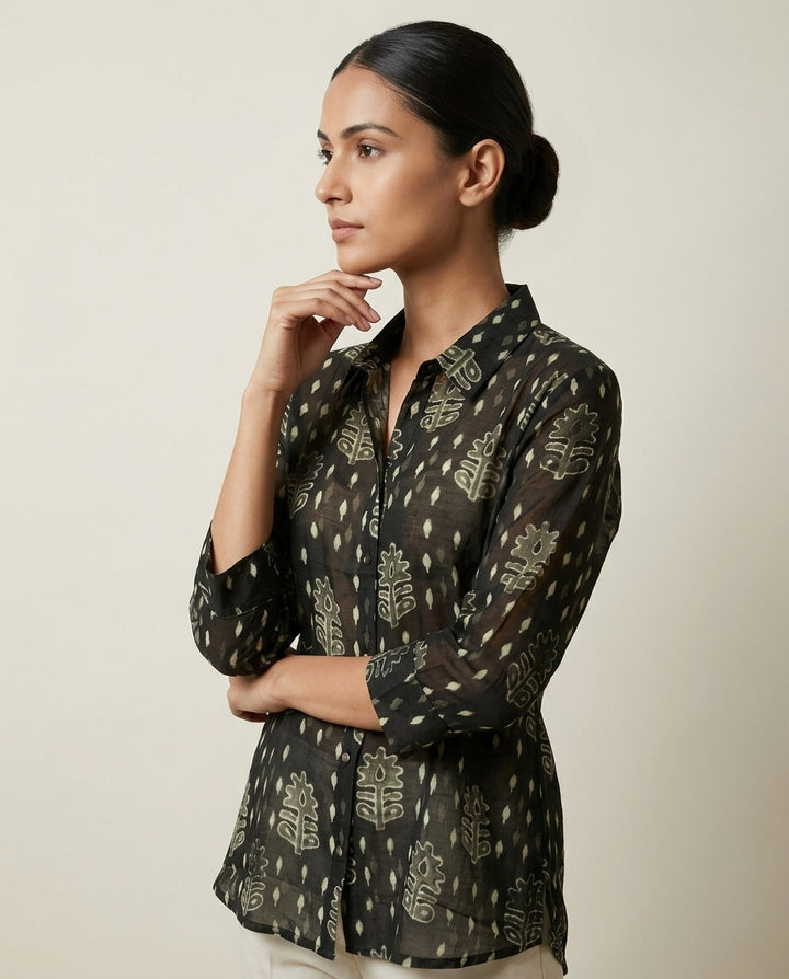 Olive Noir "Ancient Ikat" Block-Print Cotton-Linen Shirt