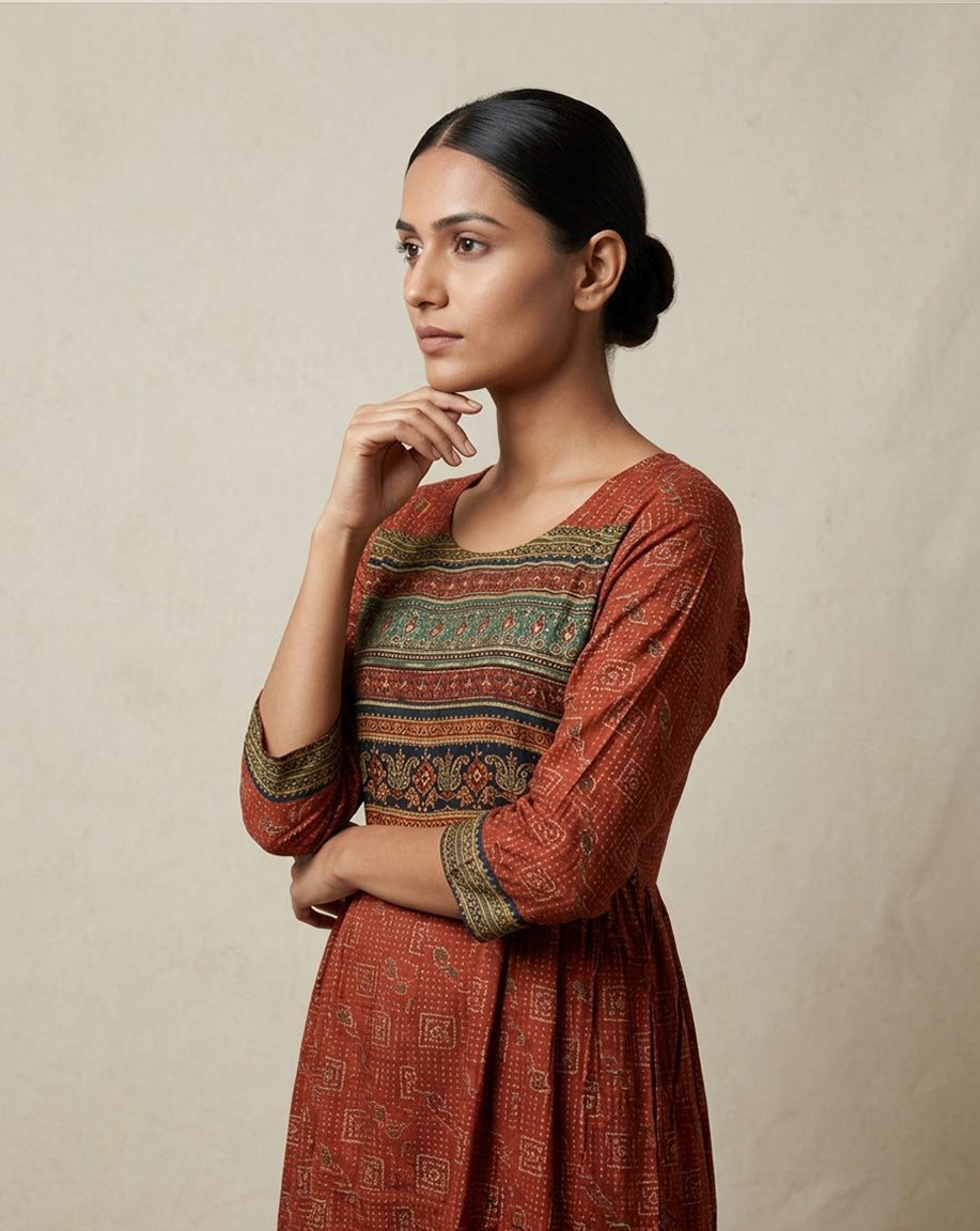 Terracotta Rust Ajrakh and Geometric Printed Cotton Anarkali Kurta