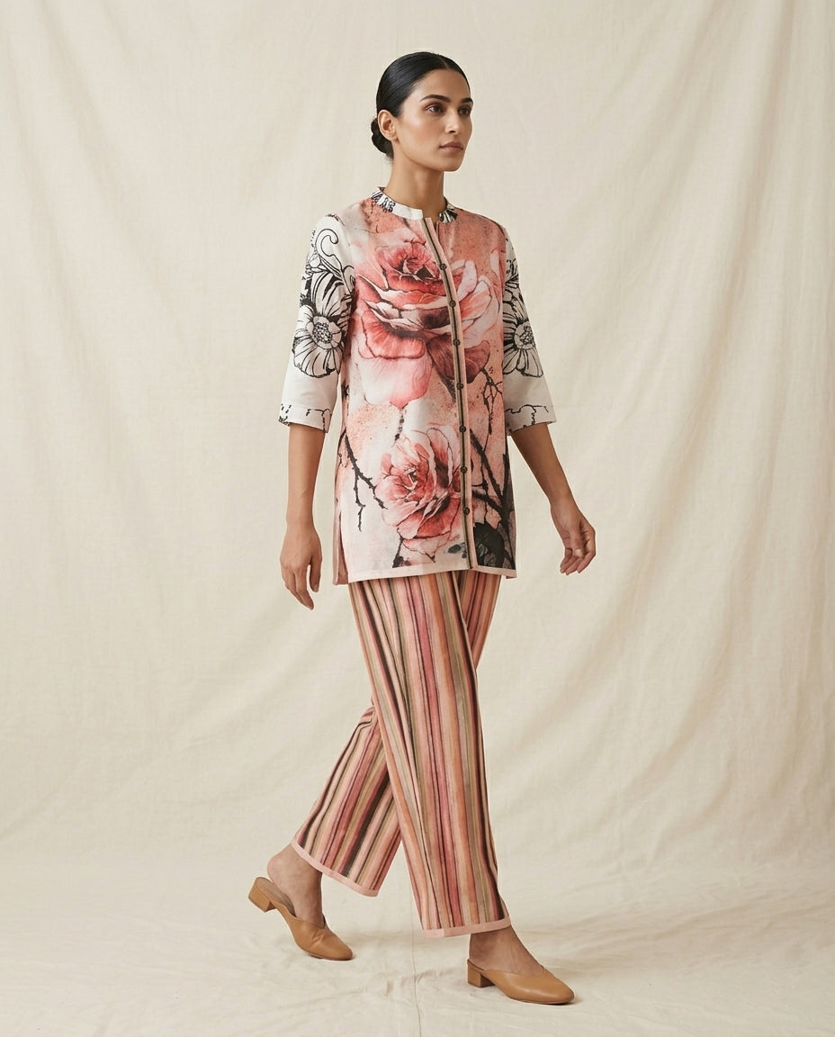 Pink Rose Bloom Mixed Print Linen Co-Ord Set