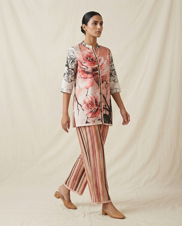 Pink Rose Bloom Mixed Print Linen Co-Ord Set