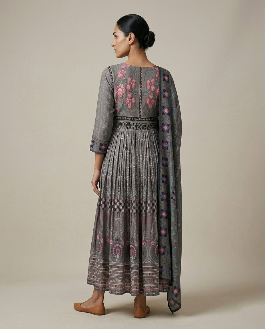 Wine "Royal Floret" Floral Cotton Anarkali Dress with Matching Dupatta