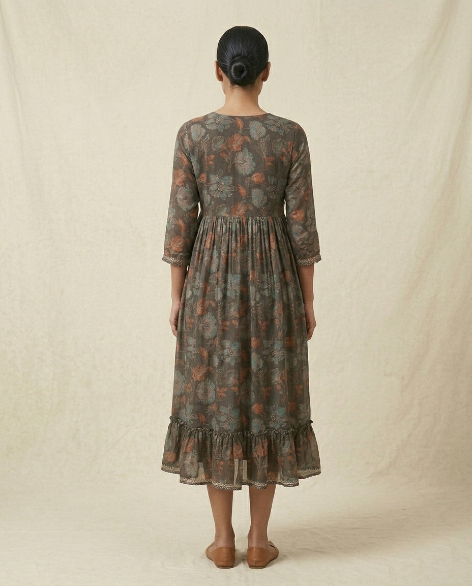 Charcoal Grey Floral Printed Cotton Anarkali Kurta