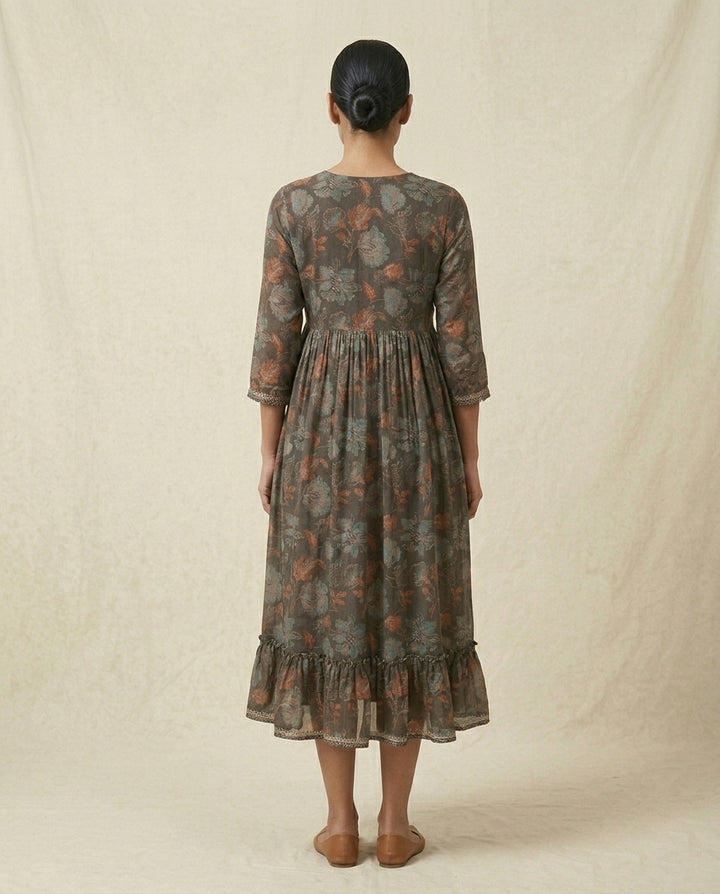 Charcoal Grey Floral Printed Cotton Anarkali Kurta