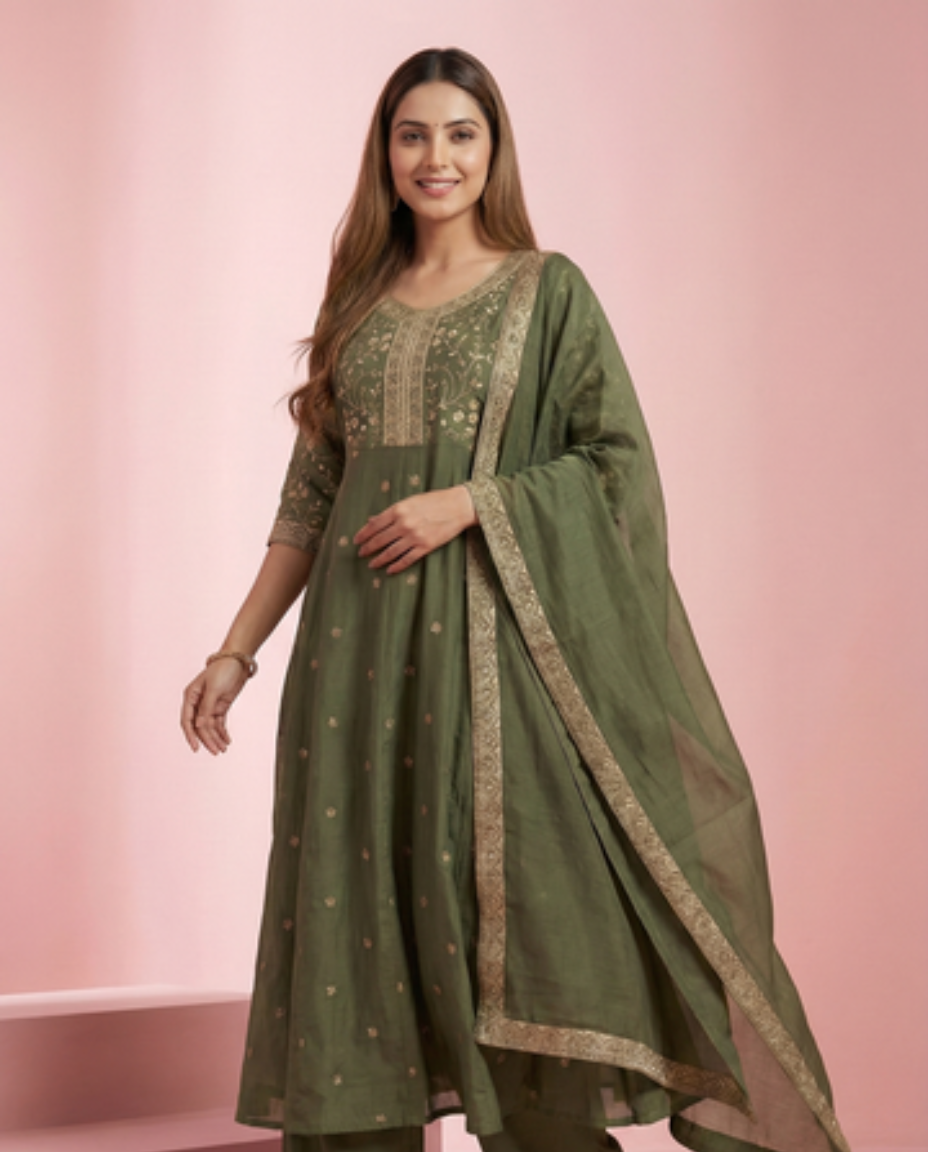 Olive Green Embroidered Mul Chanderi 3-Piece Suit Set