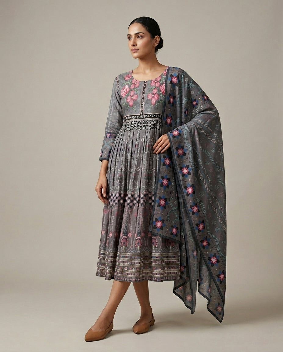 Wine "Royal Floret" Floral Cotton Anarkali Dress with Matching Dupatta