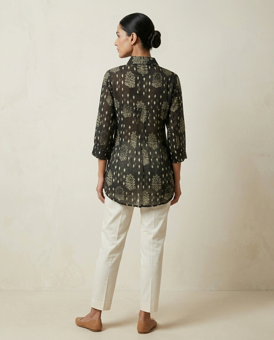 Olive Noir "Ancient Ikat" Block-Print Cotton-Linen Shirt