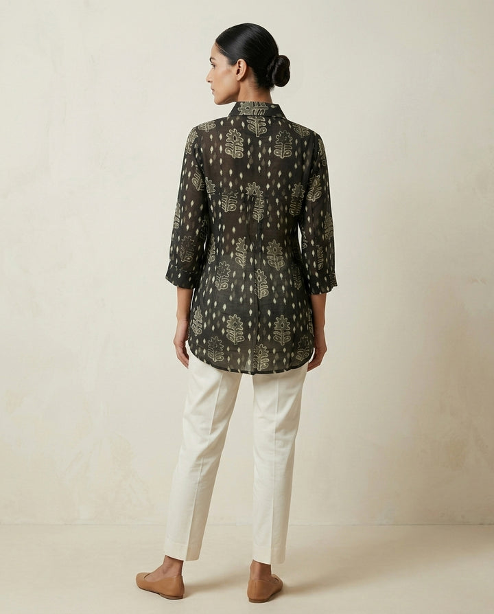 Olive Noir "Ancient Ikat" Block-Print Cotton-Linen Shirt