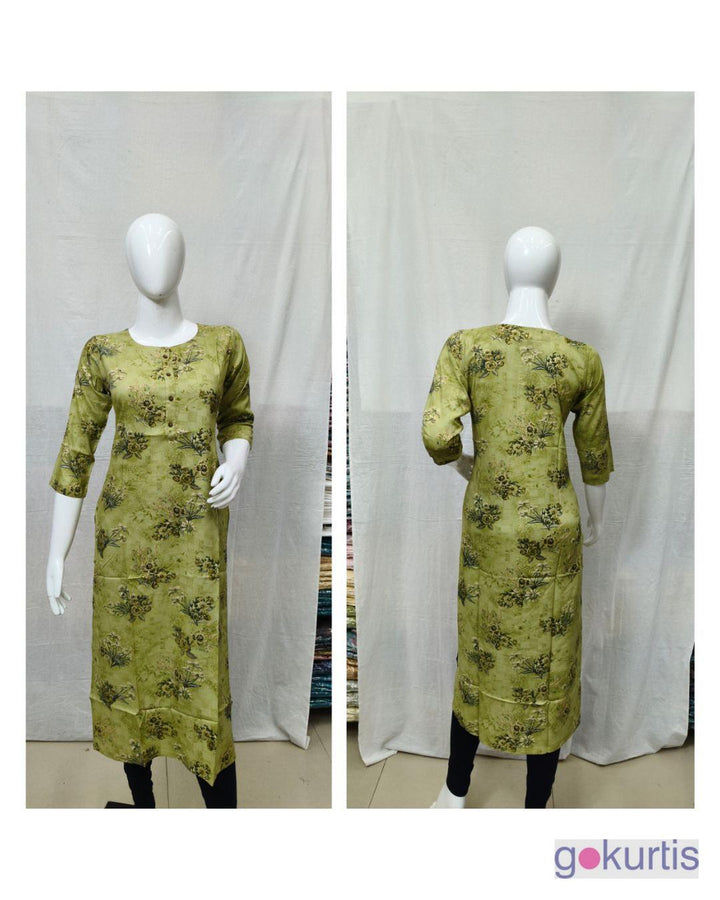 Olive Green Floral Printed Rayon Flair Kurti