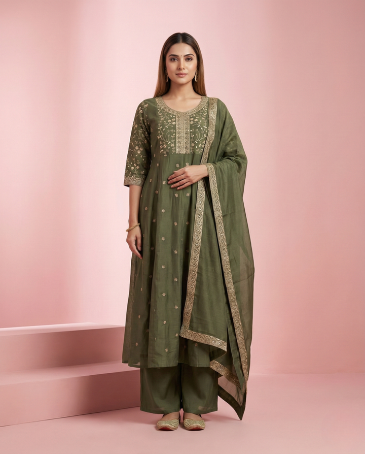 Olive Green Embroidered Mul Chanderi 3-Piece Suit Set
