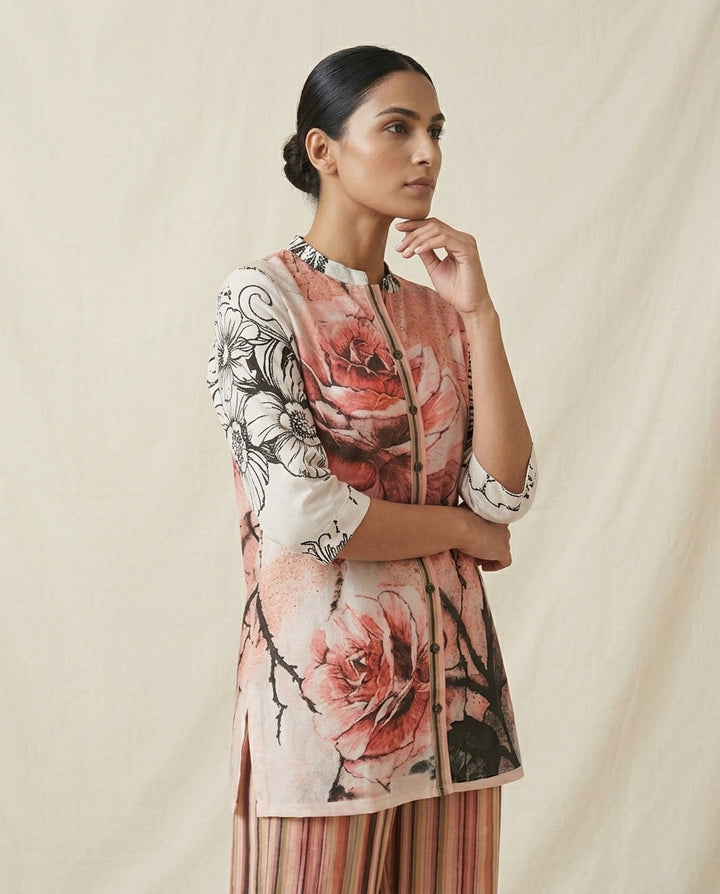 Pink Rose Bloom Mixed Print Linen Co-Ord Set