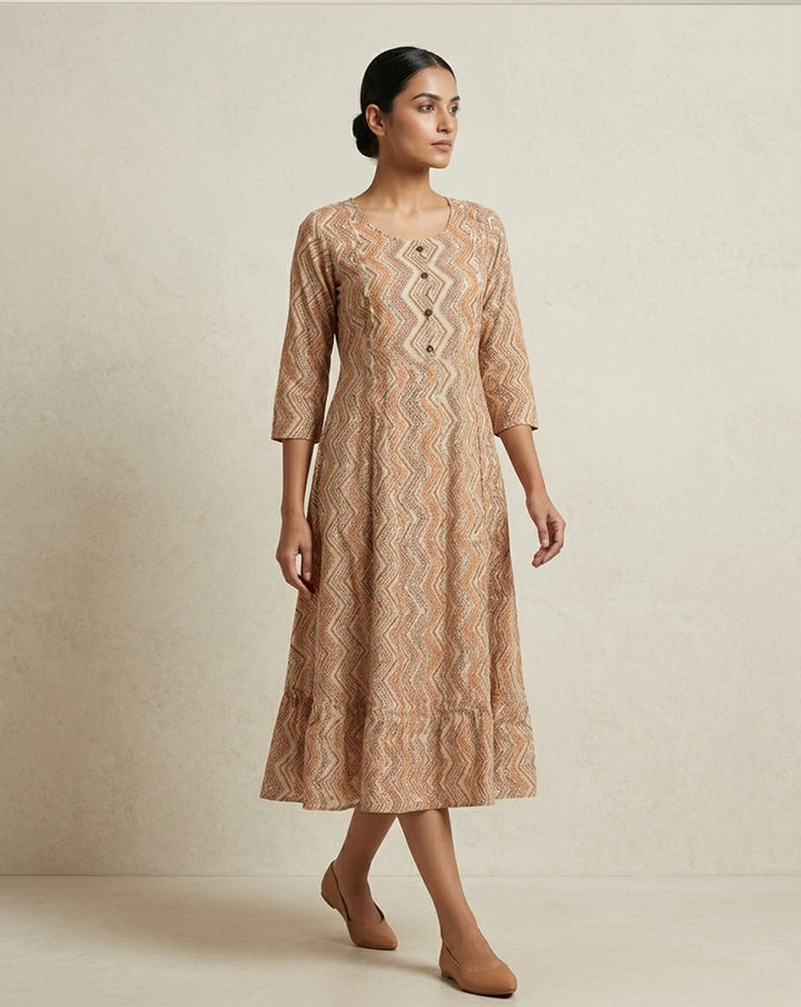 Beige and Rust Chevron Printed Cotton Anarkali Kurta
