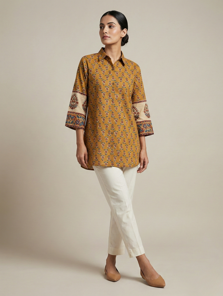 Mustard Spice "Heritage Blossom" Cotton Short Kurti Shirt