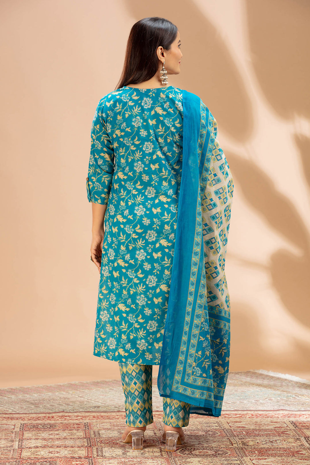 Blue Printed Cotton Straight Kurta Set