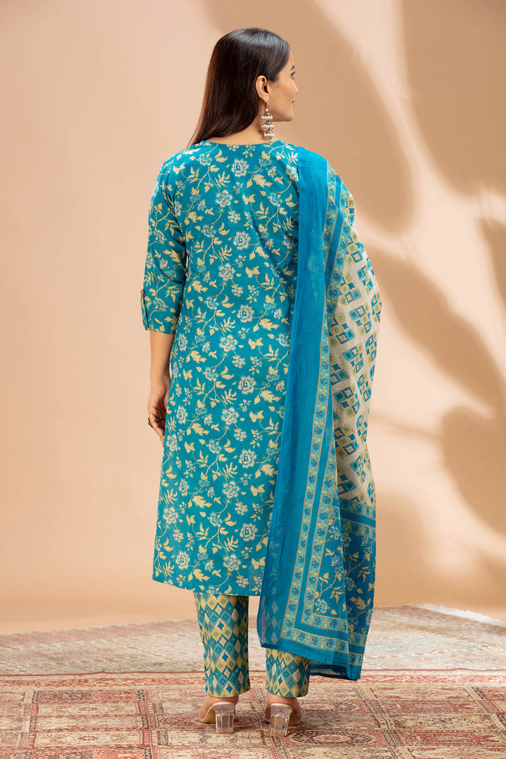 Blue Printed Cotton Straight Kurta Set
