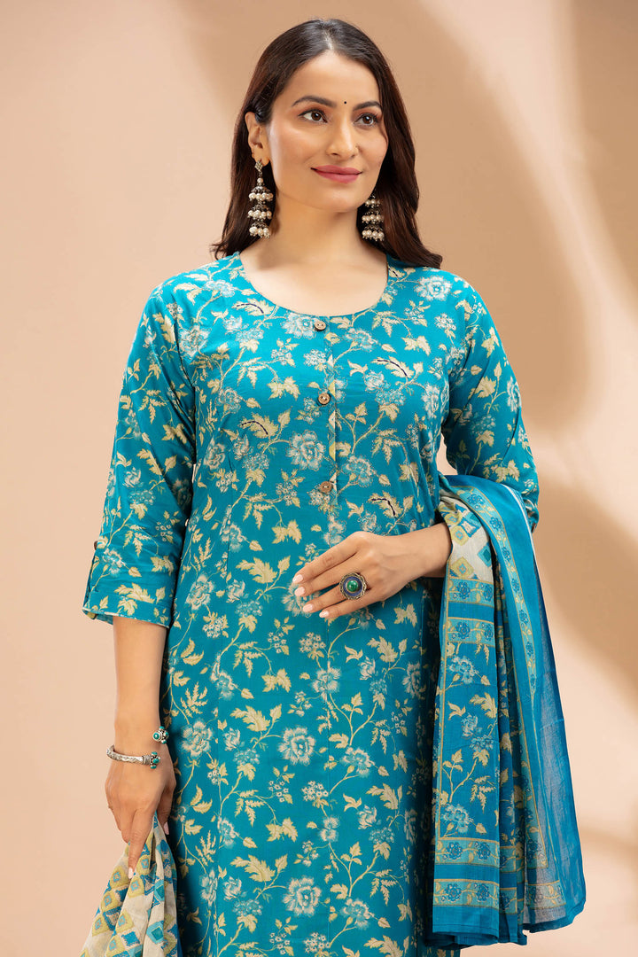 Blue Printed Cotton Straight Kurta Set