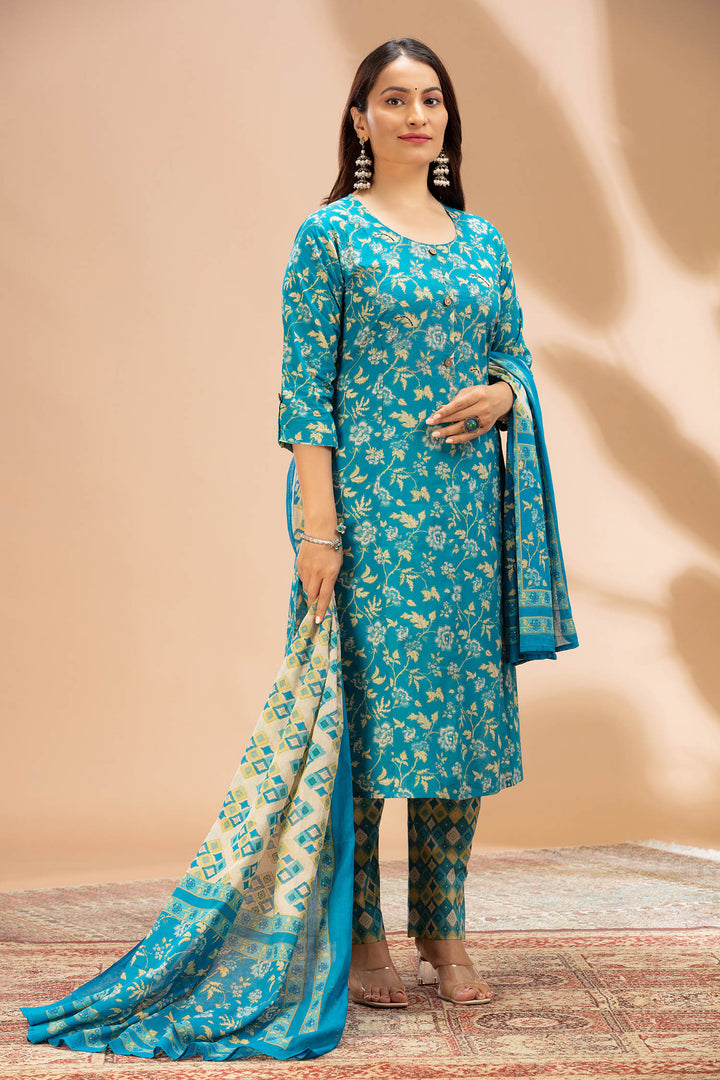 Blue Printed Cotton Straight Kurta Set