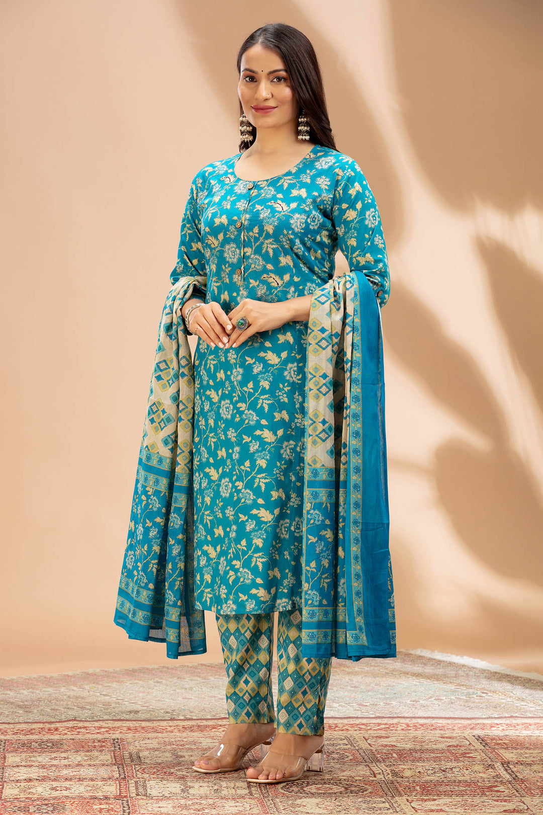Blue Printed Cotton Straight Kurta Set