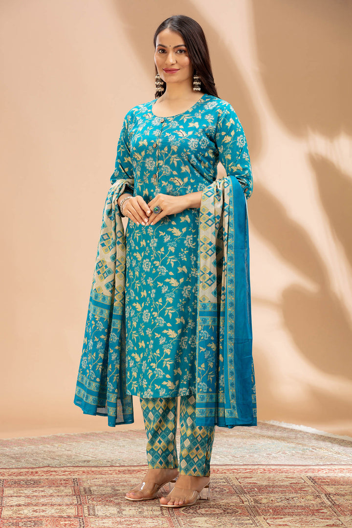 Blue Printed Cotton Straight Kurta Set