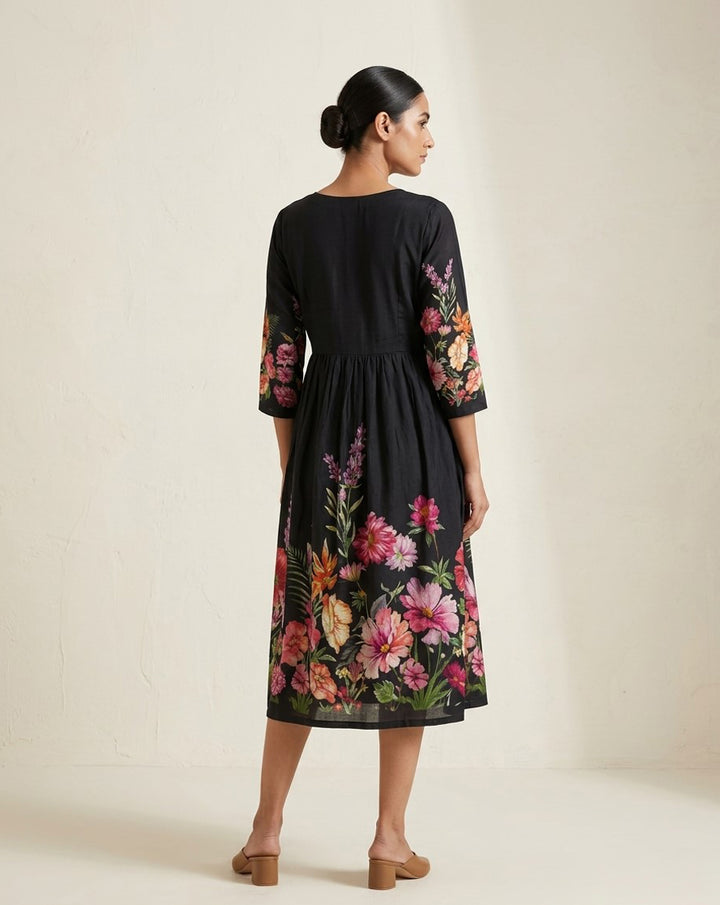 Jet Black Floral Printed Cotton A-Line Kurta with Embroidered Neckline