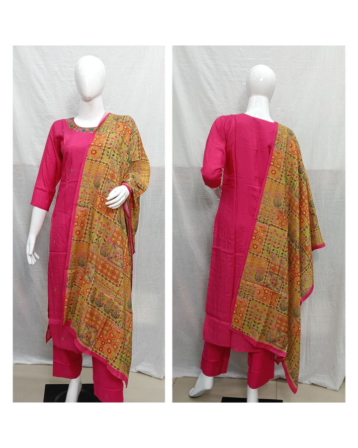 Rani Pink Embroidered Muslin 3-Piece Suit Set