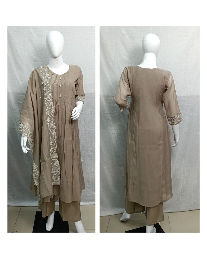 Beige Embroidered Mul Chanderi 3-Piece Suit Set