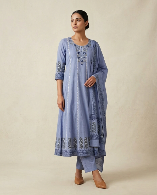 Dusty Blue "Regal Paisley" Embroidered Cotton Anarkali Suit Set