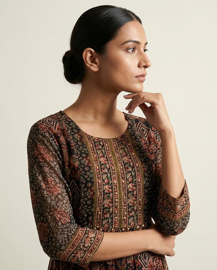 Ethereal Earth Tones: Printed Georgette Anarkali Midi Dress