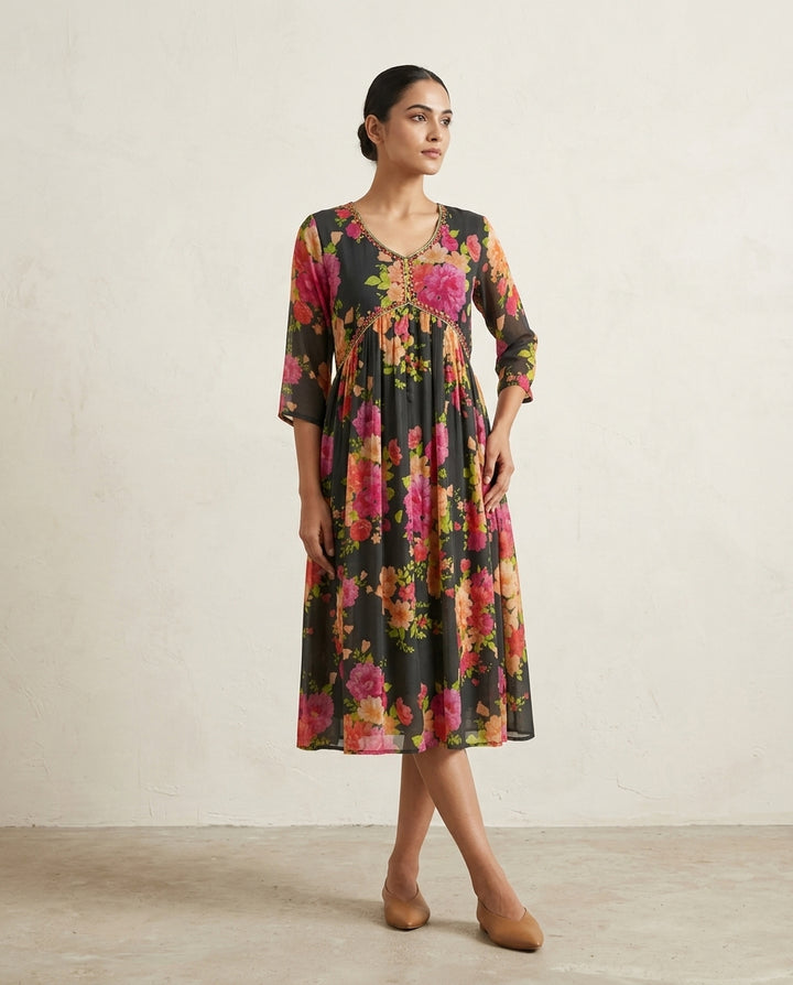 Charcoal Black All-Over Vibrant Floral Printed Cotton Anarkali Kurta