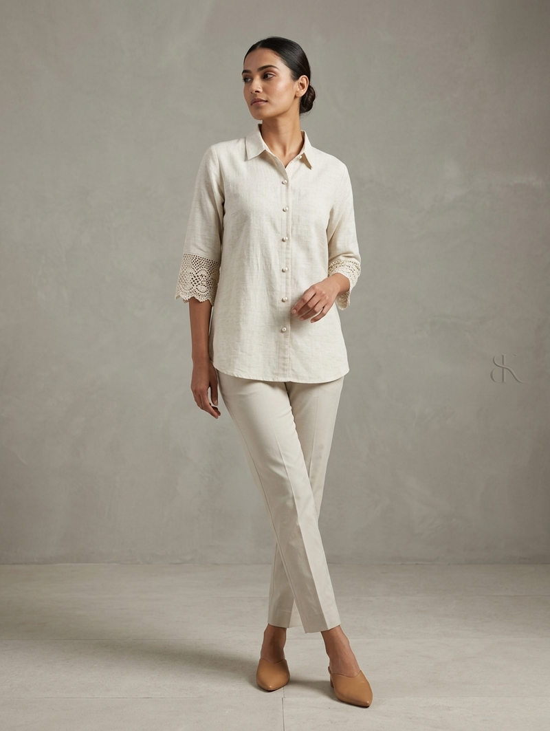 Oatmeal "Lace Cuff" Button-Down Linen-Blend Shirt