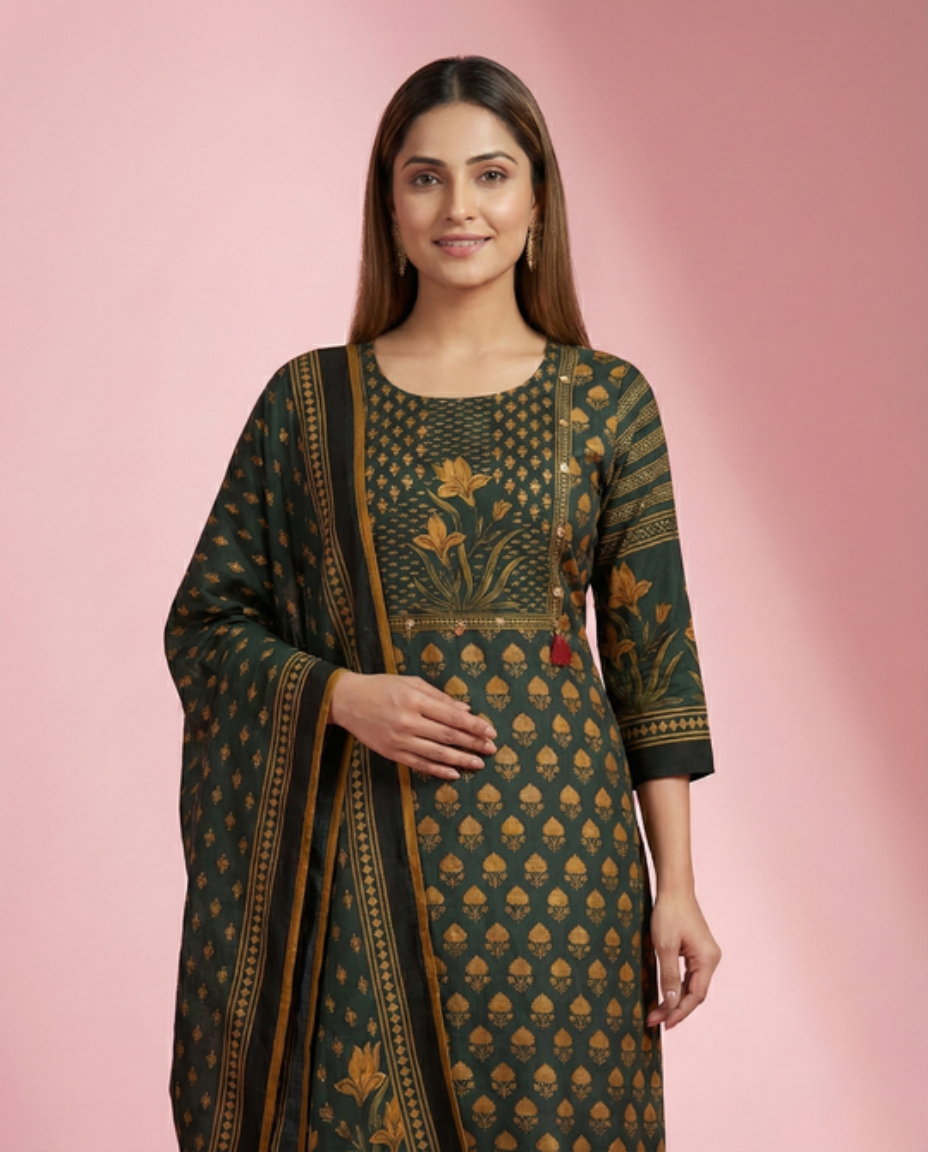 Bottle-green-gold-printed-crape-3pc-set