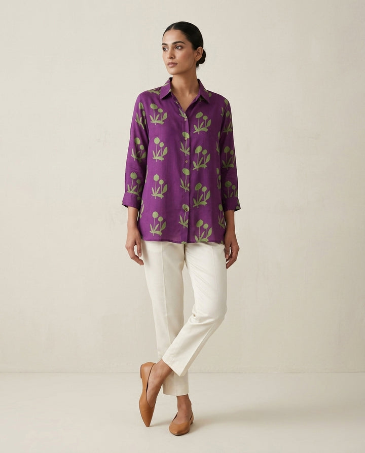 Imperial Plum Botanical Gajji Silk Shirt