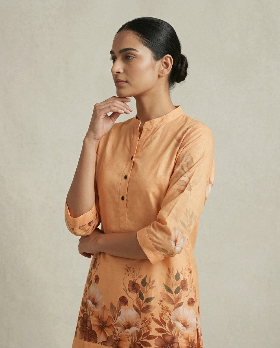 Apricot Floral Placement Print Cotton Co-Ord Set