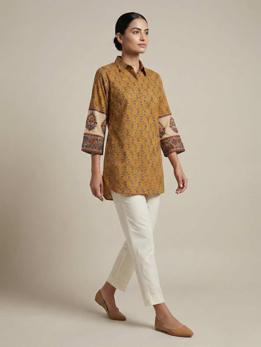 Mustard Spice "Heritage Blossom" Cotton Short Kurti Shirt