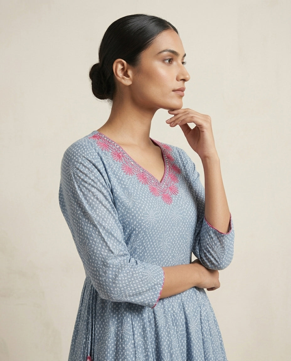 Powder Blue "Celestial Bloom" Floral Anarkali Midi Dress