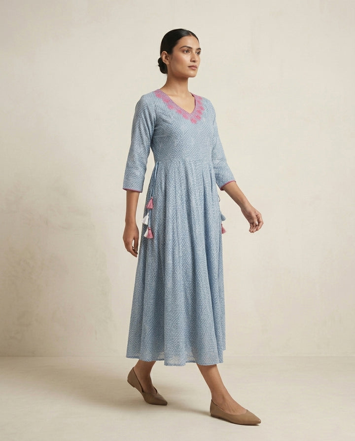 Powder Blue "Celestial Bloom" Floral Anarkali Midi Dress