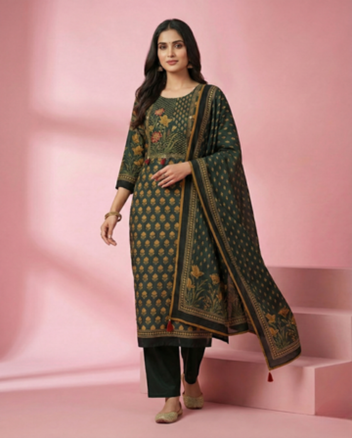 Bottle-green-gold-printed-crape-3pc-set