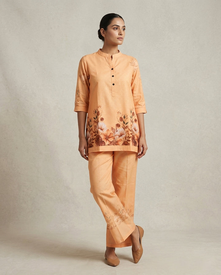 Apricot Floral Placement Print Cotton Co-Ord Set