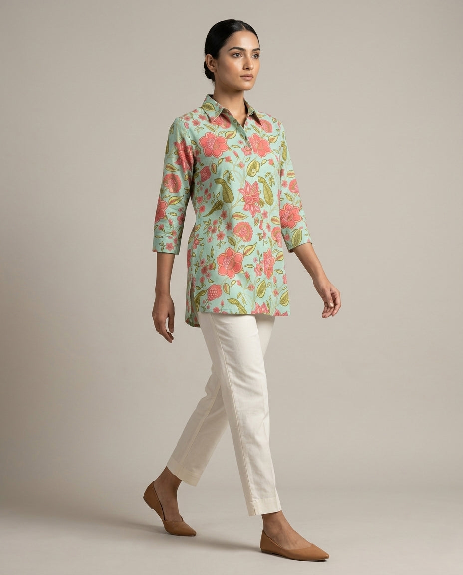 Seafoam Floral Garden Collared Tunic
