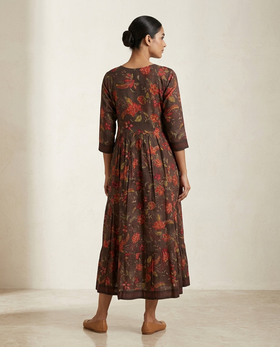 Indigo "Midnight Floret" Floral Cotton Tiered Midi Dress