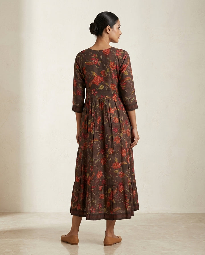 Indigo "Midnight Floret" Floral Cotton Tiered Midi Dress