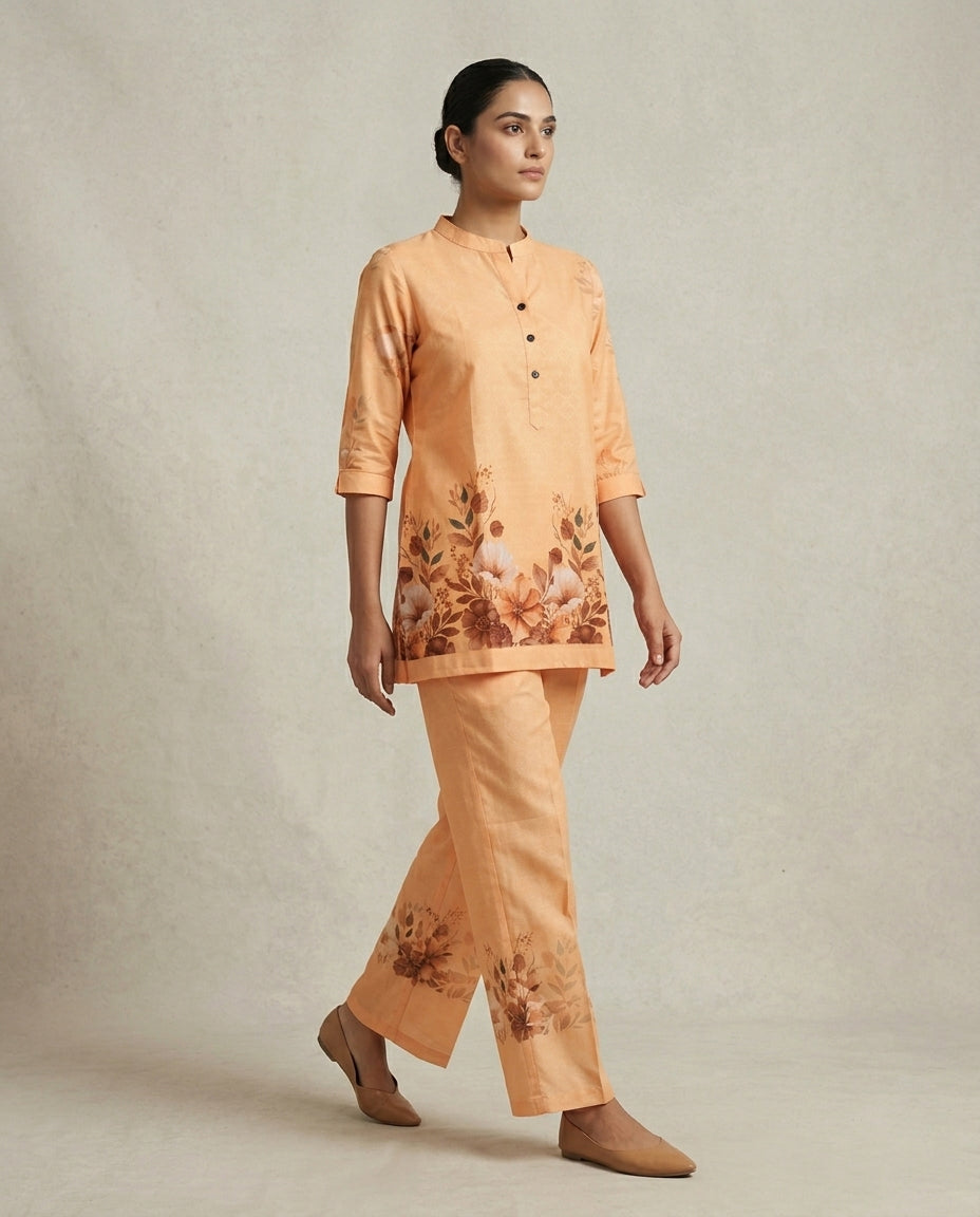 Apricot Floral Placement Print Cotton Co-Ord Set