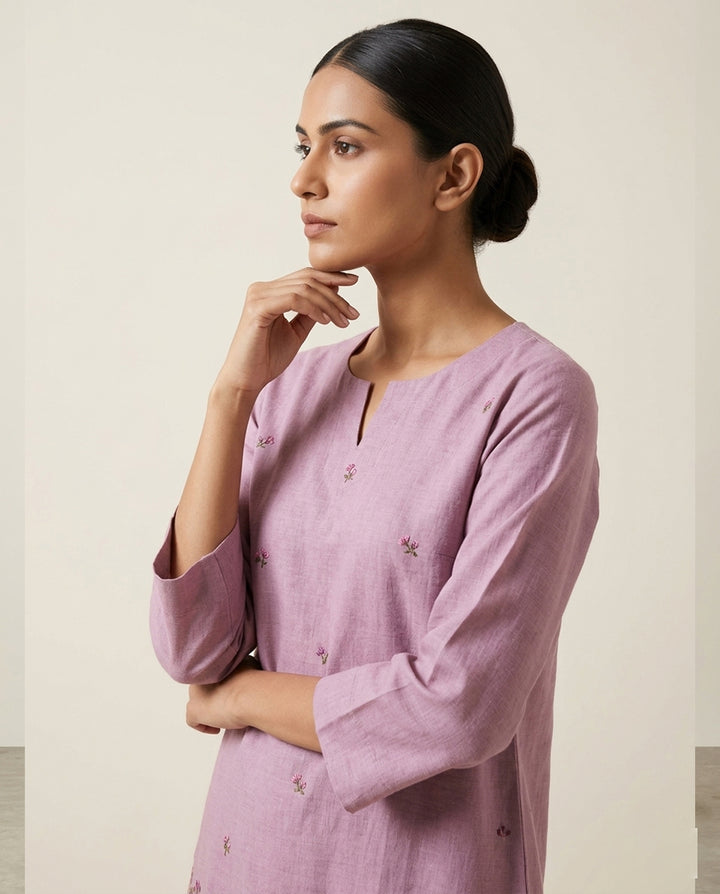 Lavender Wildflowe Floral Embroidered Linen Straight Co-ord Set