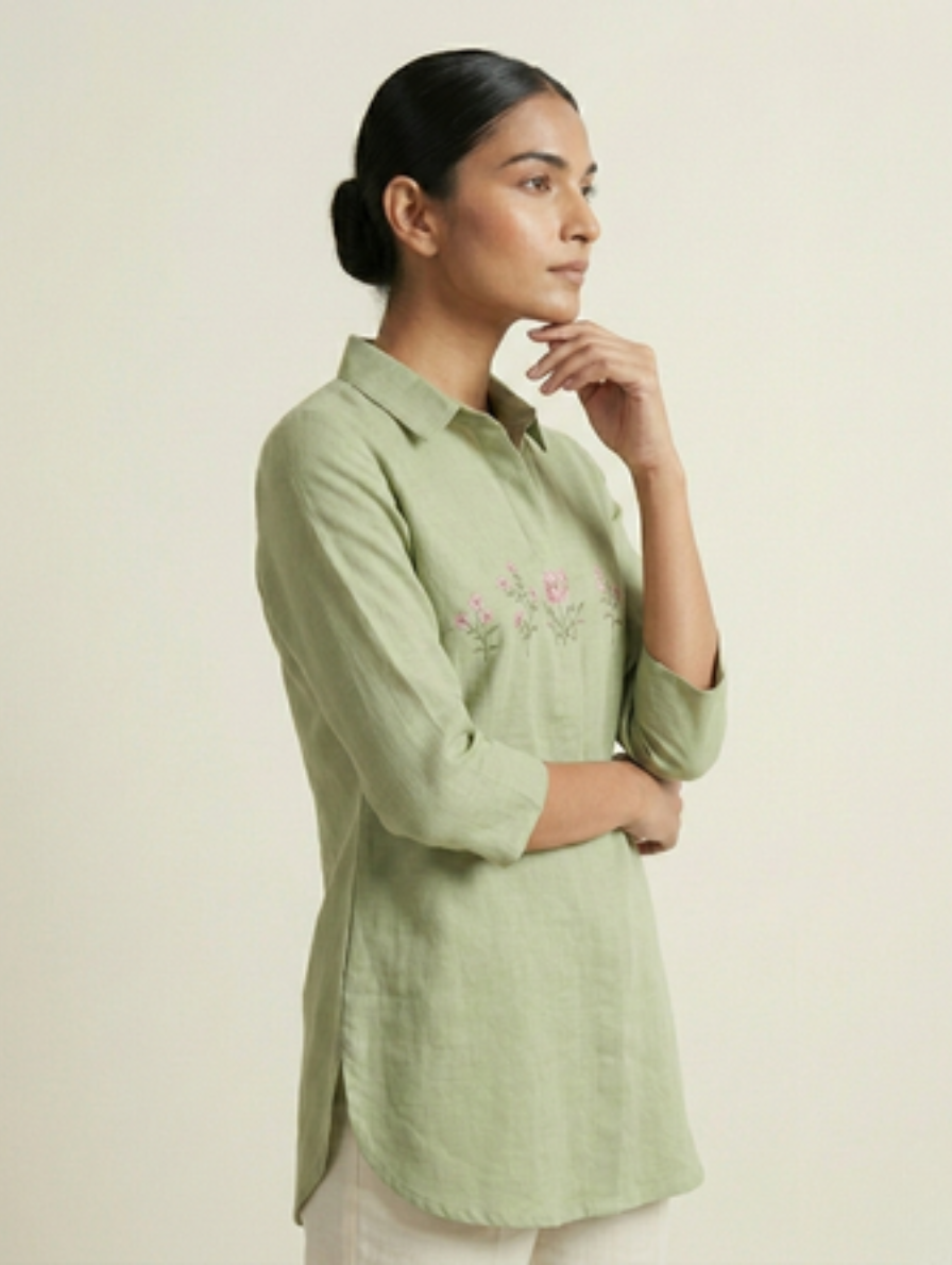 Sage Meadow "Prairie Bloom" Embroidered Linen Short Kurti Shirt