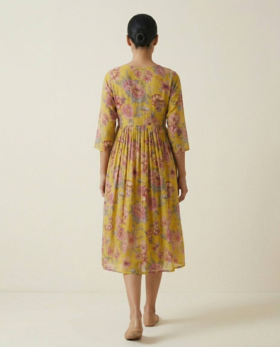 Mustard Yellow All-Over Floral Printed Cotton Anarkali Kurta