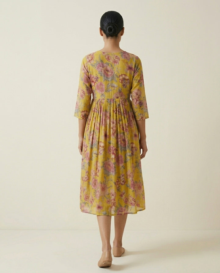 Mustard Yellow All-Over Floral Printed Cotton Anarkali Kurta