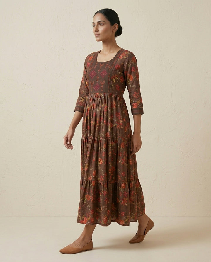 Indigo "Midnight Floret" Floral Cotton Tiered Midi Dress