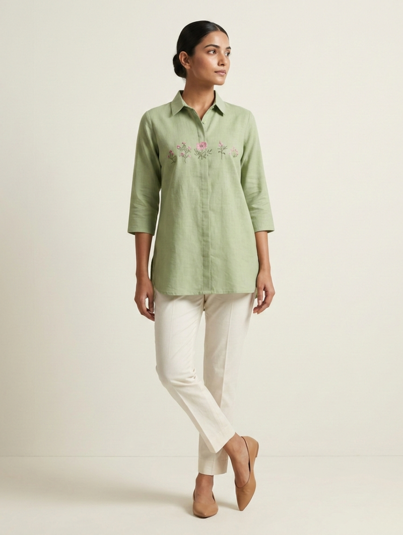 Sage Meadow "Prairie Bloom" Embroidered Linen Short Kurti Shirt